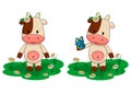 The cute cartoon cow with chamomiles and a butterfly