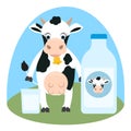 Cute cartoon cow with glass and milk bottle and label on it Royalty Free Stock Photo