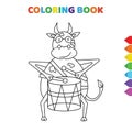 Cute cartoon cow wearing sunglasses and playing drum coloring book for kids. black and white vector illustration for coloring book