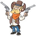 Cute cartoon cowboy with yellow moustache. He has two six shooters Royalty Free Stock Photo