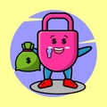 Cute cartoon Crazy rich lock with bank sack