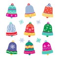 Cute cartoon Cristmas bells. Set of bright colorful vector funny icons for design and decoration.