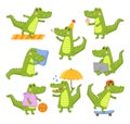 Cute cartoon crocodile. Aligator mascot in different activities, funny tropical animal character and happy smiling