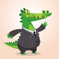 Cute cartoon crocodile, alligator or dinosaur wearing black businessman suit. Vector illustration