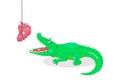 Cute cartoon crocodile for children graphics. Green alligator with piece of meat. Predator and meal. Animal feeding