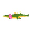 Cute cartoon crocodile girl in pink skirt and wings. African animal colorful character vector Illustration