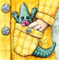 Cute cartoon crocodile in a hat sits in a coat pocket. A girl walks with an animal. Hand drawn watercolor illustration for design