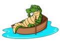 Cute cartoon crocodile Rowing a wooden boat