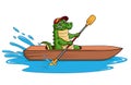 Cute cartoon crocodile Rowing a wooden boat