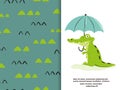 Cute cartoon crocodile with umbrella. Vector illustration. Alligator animal print