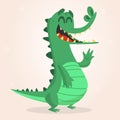 Cute cartoon crocodile. Vector illustration of a green crocodile waving ahands. Isolated on white Royalty Free Stock Photo