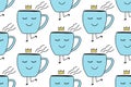 Cute cartoon Cup of coffee seamless pattern . Funny doodle cup character isolated on white background. Morning and breakfast