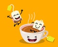 Cute cartoon cup of tea with happy tea bags Royalty Free Stock Photo