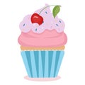 Cute cartoon cupcake with a cherry on top in paper case