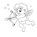 Cute cartoon Cupid with bow, arrow of love and hearts. Illustration for a Valentine`s Day. Black and white vector illustration fo