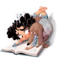 cute cartoon curly girl with a dog and book