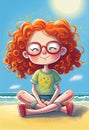 Cute cartoon curly redhead girl with glasses. Cartoon character. Sitting on the sandy beach Royalty Free Stock Photo