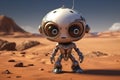 Cute Cartoon Cyborg With Very Big Eyes And A Pitying Look The Background Of Martian Earth. Generative AI