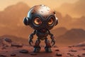 Cute Cartoon Cyborg With Very Big Eyes And A Pitying Look The Background Of Martian Earth. Generative AI