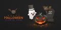 Cute cartoon 3d Halloween banner. Halloween pumpkin, ghost, tombstone, bat. Halloween concept. Vector illustration