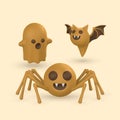 Cute cartoon 3d Halloween ghost, bat and spider. Halloween concept. Vector illustration