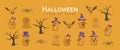 Cute cartoon 3d Halloween objects: pumpkin, ghost, tombstone, bat, spider and candy. Halloween concept. Vector illustration