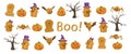 Cute cartoon 3d Halloween objects: pumpkin, ghost, tombstone, bat, spider and candy. Halloween concept. Vector illustration