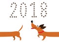 Cute cartoon dachshund dog following tail and number 2018