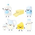 Cute cartoon dairy products characters vector illustration isolated on white background. Kawaii dairy products