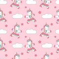 Cute cartoon dancing unicorn seamless vector pattern background illustration