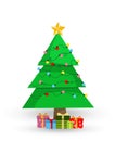 Cute cartoon decorated Christmas fir tree with gifts and presents on white Royalty Free Stock Photo