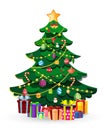 Cute cartoon decorated Christmas fir tree with many gifts and present boxes Royalty Free Stock Photo