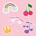 Cute cartoon decoration glasses crown rainbow icons pink background