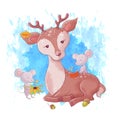 Cute cartoon deer, autumn and leaves.