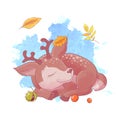 Cute cartoon deer, autumn and leaves.