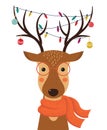 Cute cartoon deer with Christmas toys, garlands on the horns and scarf.