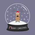 Cute cartoon deer Curly horns, red hat. Crystal ball with snowflakes. Merry christmas violet background card Flat design