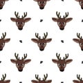 Cute cartoon deer face with flower seamless pattern. Cute doe animal flat color background. Childish hand drawn doodle Royalty Free Stock Photo