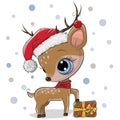 Cute cartoon Deer with gift in a Santa hat