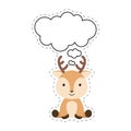 Cute cartoon deer with speech bubble sticker. Kawaii character on white background. Cartoon sitting animal postcard clipart for