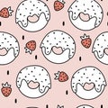 Cute lovely cartoon delicious black and white donuts with red strawberries seamless vector pattern illustration on pink background