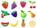 Cute cartoon different fruits icons set, vector illustration