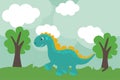 Cute cartoon dino in flat style outdoors.