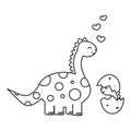 Cute cartoon dinosaur with baby funny vector black and white illustration for coloring art