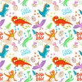 Cute cartoon dinosaur background pattern. Childish seamless pattern with hand drawn dino