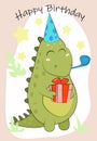 Cute cartoon dinosaur celebrates his birthday in illustration