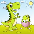 Cute cartoon dinosaur and his nest with little dino Royalty Free Stock Photo