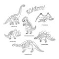 Cute cartoon dinosaur skeletons silhouettes in outline. Vector illustration Royalty Free Stock Photo