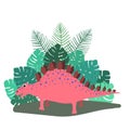 Cute, cartoon dinosaur stegosaurus on the background of bushes of tropical palm leaves. Vector illustration Royalty Free Stock Photo