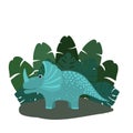 Cute, cartoon dinosaur triceratops on the background of bushes of tropical palm leaves. Vector illustration